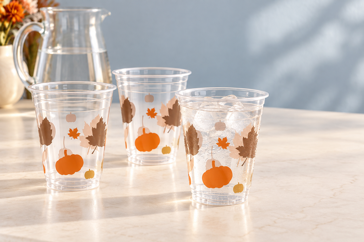 A few printed cups bring the seasonal detail to a clear pouring area.