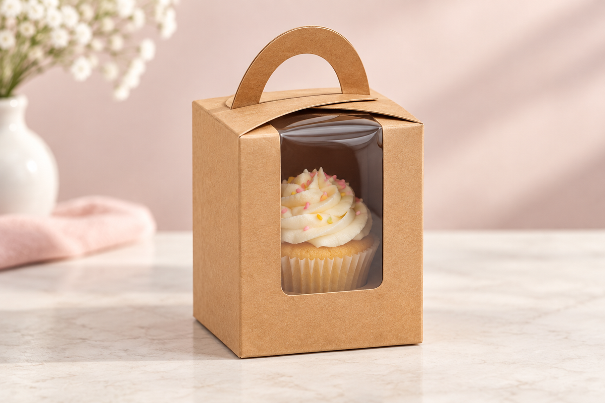 A closed sample shows why the finished cake height and window clearance matter. Cupcake is a styling prop.