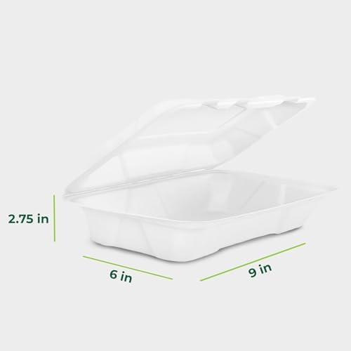 Freshware Clamshell Food Containers with Lids [9x6 50-Pack] Disposable To Go Containers, Biodegradable Sugarcane To Go Boxes - Paper Container - Microwave & Freezer Safe, Stackable