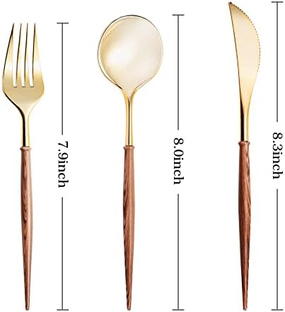Lullaby 240PCS High End Gold Plastic Silverware with Wood Grain Handle