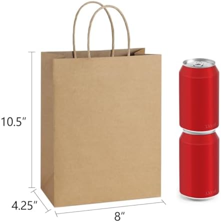 BagDream Gift Bags with Handles 8x4.25x10.5 Inch Brown 100 Pack Bulk