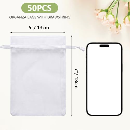 Wudygirl 50 Pcs Organza Bags, 5x7 IN Drawstring Gift Bags-White