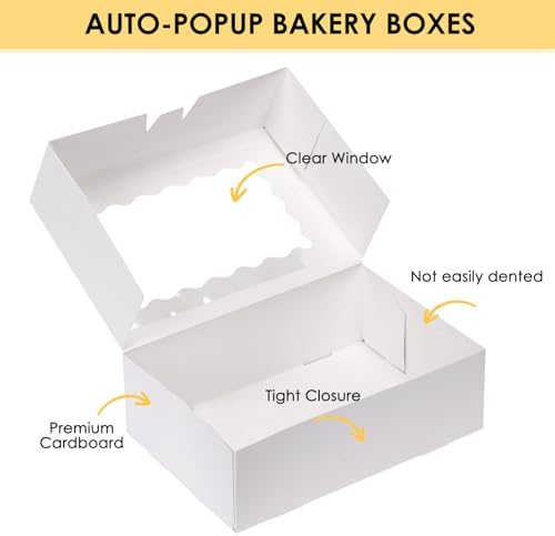 Moretoes 45pcs Cookie Boxes with Window, 9x6x3in Auto-Popup Bakery Boxes