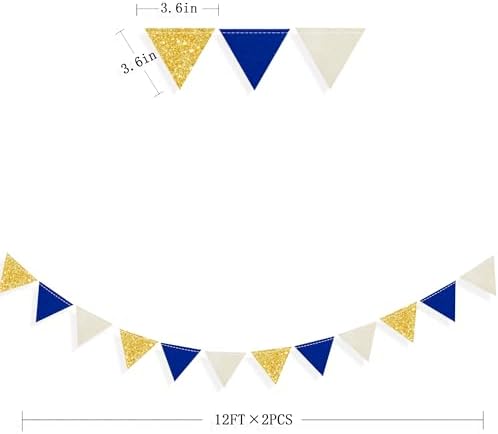 Blue Gold Beige Party Decoration Royal Gold Glitter Felt Hanging Triangle Mini Bunting Pennant Banner Flag for Birthday Wedding Shower Graduation Nautical Ahoy Achor Party Decor Supplies