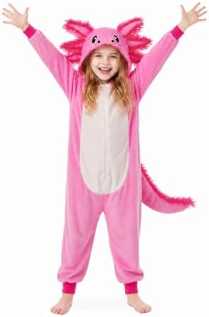 Kids Axolotl Costume for Girls & Boys - 3D Hooded Salamander Jumpsuit Costume for Halloween Party