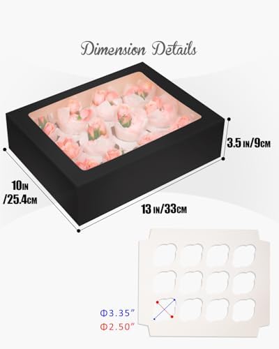 qiqee Auto-pop Up Cupcake Boxes with Window Black 40PCS 12 Count Cupcake Box 13"x10"x3.5" Cupcakes Carrier, 12 Cupcake Containers with 2 rolls of pink ribbons