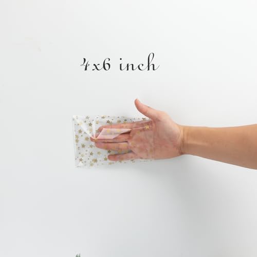 100 Pcs Star Printed 4"X6" Gift Wrap Cello Cellophane Treat Bags Party Favor bags Clear Candy Cookie Bags Plastic Poly Goodie Storage Bags with Twist Ties for Bakery,Birthday, Wedding ,Party Decorations (Gold)