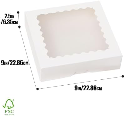 qiqee Auto-pop Up 30pcs Pie Box With Window 9x9x2.5 Inch Donut Pastry Boxes White Bakery Box