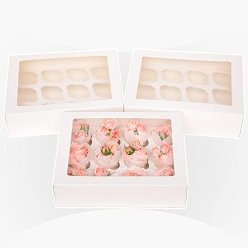 qiqee Auto-pop Up Cupcake Boxes with Window White 40PCS 12 Count Cupcake Box 13"x10"x3.5" Cupcakes Carrier, 12 Cupcake Containers with 2 rolls of pink ribbons
