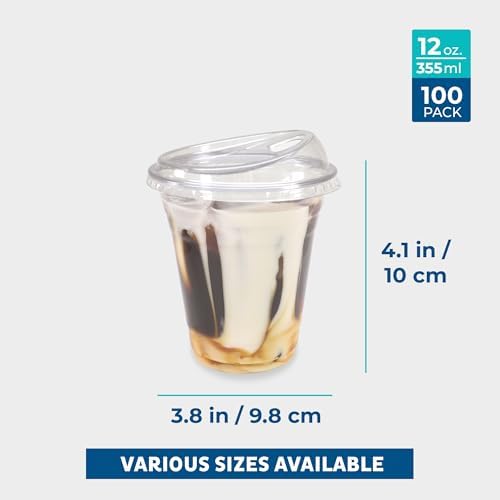Freshware Clear Plastic Cups with Strawless Sip Lids [100 Cups - 12 oz] Disposable Cup for Iced Coffee, Smoothie, Milkshake, Cold Drinks