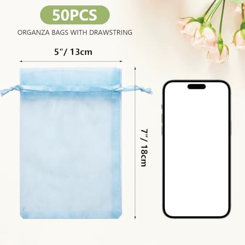 Wudygirl 50 Pcs Organza Bags, 5x7 IN Drawstring Gift Bags-Sky Blue