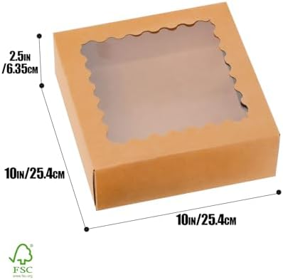qiqee 10x10x2.5 Inch Brown Pie Boxes with Window 12Packs Cookie Donut Bakery Box (Auto-pop Up)