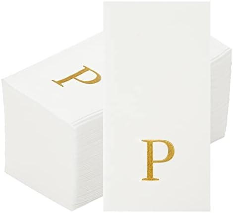 Luxenap 15.8 X 7.9 Inch Linen-Feel Guest Towels, 2000 Lettered Hand Towels - Gold Letter 'P', Sans Serif Font, White Paper Dinner Napkins, airlaid, For Restrooms And Tables