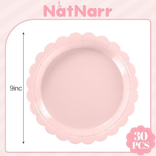 NatNarr 30 Pk Pink Paper Plates 9" Disposable Scalloped Pink Birthday Plate