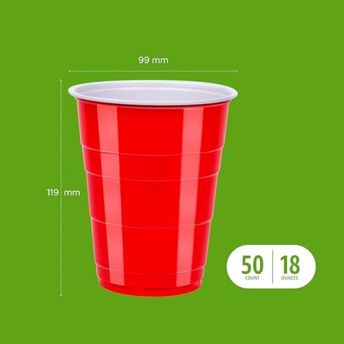Amazon Basics Disposable Plastic Party Cups, Red, 18oz, 120 Count, Large Pack, Packaging May Vary