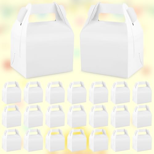 Hxezoc 24 Pieces White Party Favor Boxes Gable Candy Treat Box Folding Paper Gift Box with Handles for Baby Showers Birthday Party Wedding Decoration Supplies