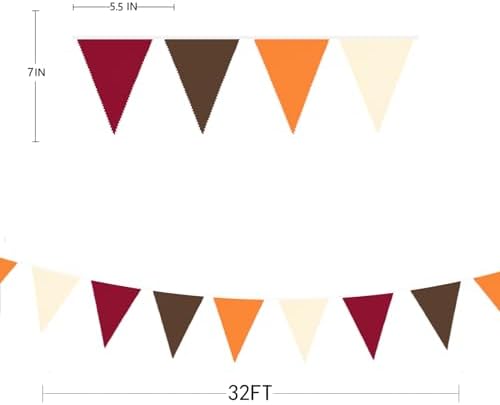 32Ft Fall Party Decorations Burgundy Orange Brown Triangle Flag Fabric Pennant Garland Bunting for Happy Fall Decor Thanksgiving Day Harvest Autumn Wedding Birthday Party Outdoor Garden Hanging Decor