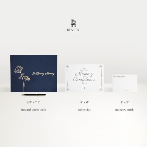Rymori Funeral Guest Book for Memorial Service - with Pen, Cards, Table Sign & Back Pocket, Guests Sign in Book in Loving Memory | Celebration of Life Memorial Service Guest Book, Navy Blue Linen