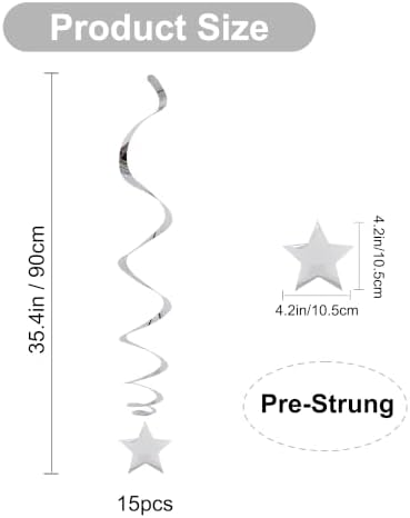 BEISHIDA Silver Star Hanging Swirl Decorations,Hanging Silver Party Supplies for Graduation Wedding Baby Shower Decorations, Pack of 15