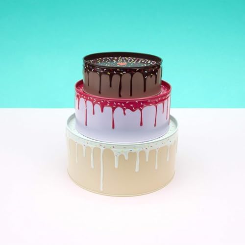 Suck UK Cookie Tin - Round Cake Tins with Lids - Novelty Cookies Jar - Cake Storage Container - Air Tight Birthday Cookie Box - Kitchen Storage Tins - Large Stackable Metal Tin Nesting - Set of 3