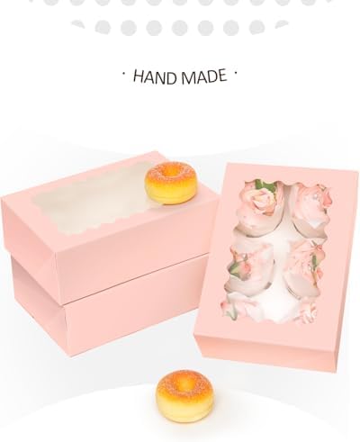qiqee Pink Auto-pop up 6 Cupcake Boxes with Window 30 Packs Cupcake Box 9.4"x6.1"x3.3" Bakery Boxes For Cupcakes Carrier, Cupcake Containers