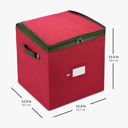 ZOBER Christmas Ornament Storage Box - Stores 64 3" Ornaments, With Dividers - Ornament Organizer Storage Box, Durable Christmas Containers Holder, Dual Zipper - Red