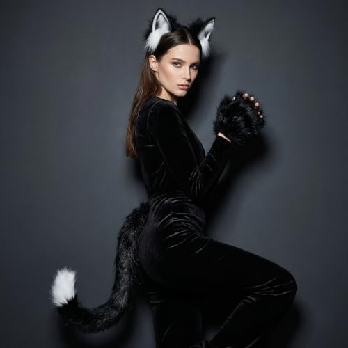 CHOICEONE Cat Fox wolf Ears and Tail Set with Paws Gloves Faux Fur Animal Cosplay Costume Accessories for Halloween Party