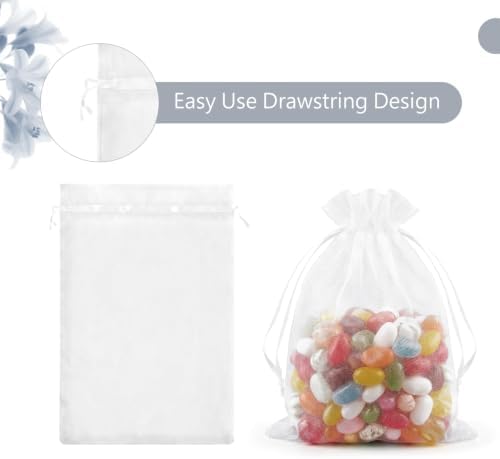 FUNFERY 100PCS White Organza Gift Bags 5x7in,Drawstring Pouch for Jewelry