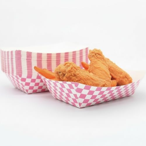 30 Pcs No Folding Required 2lb Gingham Party Supplies Disposable Paper Food Trays for Shower Wedding Tea Party Supplies Nacho Snack (Light Pink)
