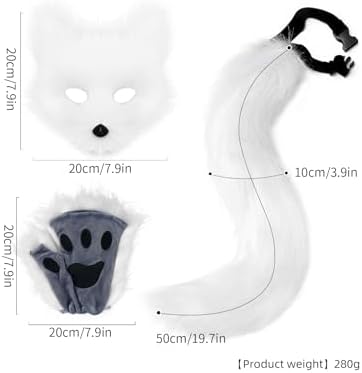 JUNBOON Faux Fur Cat Ears and Wolf Fox Tail Set Adult Kids Claw Glove Kit for Halloween Anime Cosplay Party