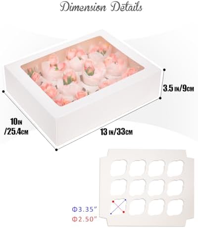 qiqee Auto-pop Up Cupcake Boxes with Window White 40PCS 12 Count Cupcake Box 13"x10"x3.5" Cupcakes Carrier, 12 Cupcake Containers with 2 rolls of pink ribbons