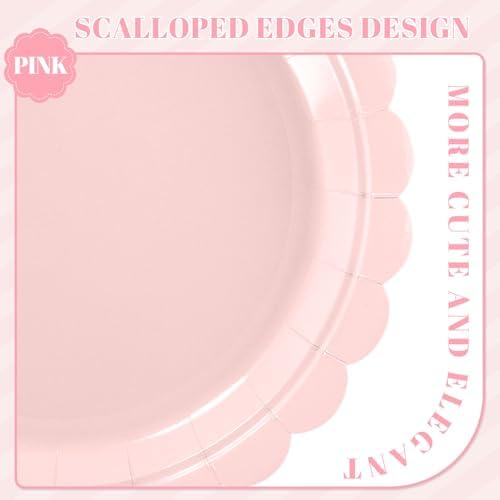 NatNarr 30 Pk Pink Paper Plates 9" Disposable Scalloped Pink Birthday Plate