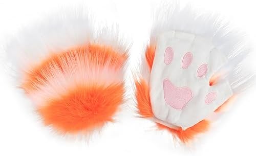 JUNBOON Faux Fur Cat Ears and Wolf Fox Tail Set Adult Kids Claw Glove Kit for Halloween Anime Cosplay Party