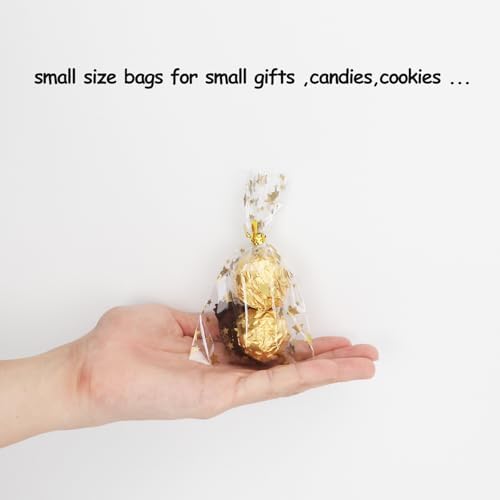 100 Pcs Star Printed 3"X 5"（7.5X12.7cm) Gift Wrap Cello Cellophane Treat Bags Party Favor bags Clear Candy Cookie Bags Plastic Poly Goodie Storage Bags with Twist Ties for Bakery,Birthday, Wedding ,Party Decorations (Gold)