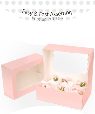 qiqee Pink Auto-pop up 6 Cupcake Boxes with Window 30 Packs Cupcake Box 9.4"x6.1"x3.3" Bakery Boxes For Cupcakes Carrier, Cupcake Containers