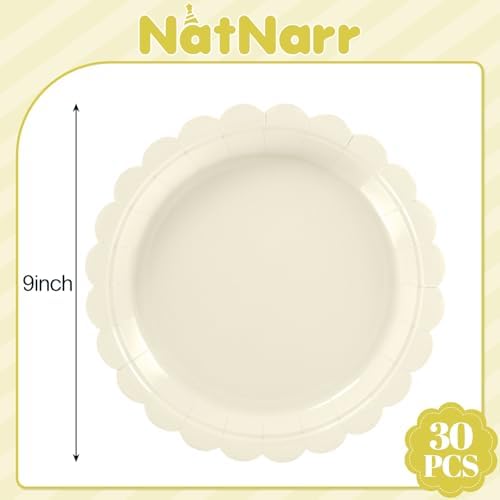 NatNarr 30 Pk Ivory Paper Plates 9" Disposable Scalloped Cream Beige Plates