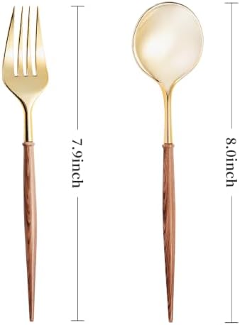 Lullaby 100PCS High End Gold Plastic Forks & Spoons with Wood Grain Handle