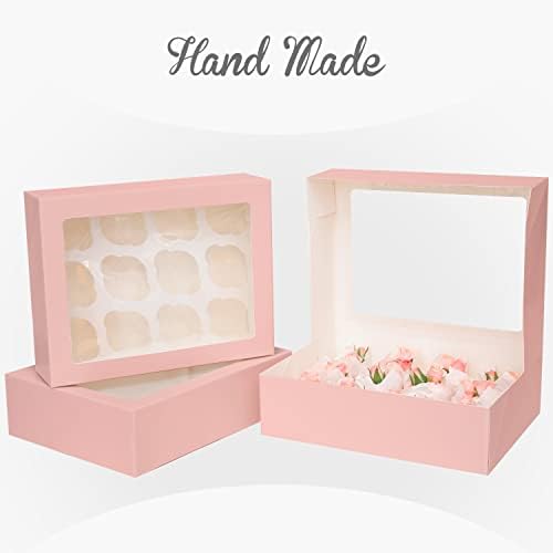 qiqee Auto-pop Up Cupcake Boxes with Window Pink 40PCS 12 Count Cupcake Box 13"x10"x3.5" Cupcakes Carrier, 12 Cupcake Containers with 2 rolls of pink ribbons