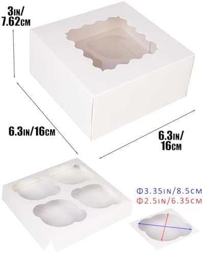 qiqee Auto-pop Up Cupcake Boxes with Window White 100PCS 4 Count Cupcake Box 6.3"x6.3"x3" Cupcakes Carrier, 4 Cupcake Containers