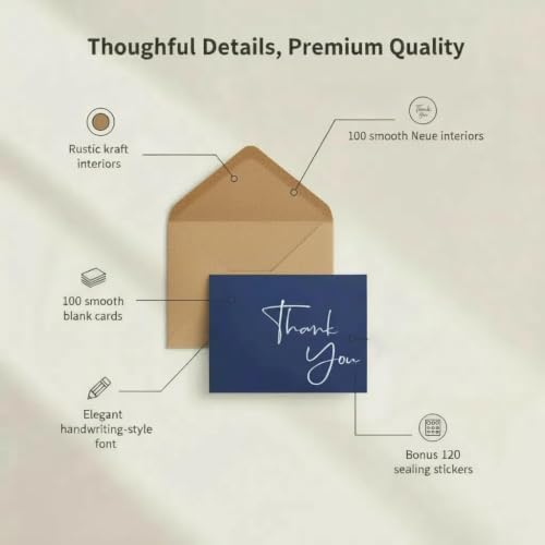 XXINMOH 100 Pack Thank You Cards With Envelopes Bulk Set & Stickers - 4x6 inch Blank Thank You Notes Bulk Box Set - Large Note Card Small Business, Wedding, Baby Shower & Bridal Shower - Navy Blue