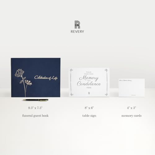 Rymori Funeral Guest Book for Memorial Service - with Pen, Cards, Table Sign & Back Pocket, Guests Sign in Book Celebration of Life | in Loving Memory Memorial Service Guest Book, Navy Blue Linen