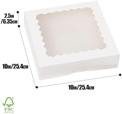 qiqee 10"x 10"x 2.5" White Pie Boxes with Window 120Packs Cookie Donut Bakery Box (Auto-pop Up)