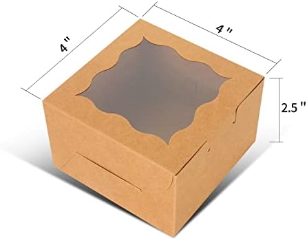 KPOSIYA 20pcs Small Cookie Boxes with Window, 4x4x2.5 Brown Bakery Box