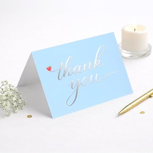Cheerin 20 Pack Light Blue Thank You Cards With Envelopes Set - Elegant Silver Foil Thank You Notes for Wedding, Birthday and Baby Shower - Bulk Appreciation Cards 3x5 inch