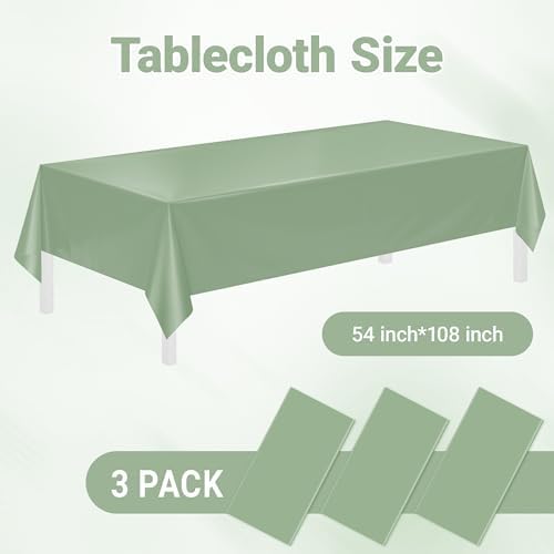 Childom 3 Pack Sage Green Tablecloths,54"x108" Plastic Table Cloth Disposable for Rectangle Tables,Sage Green Table Cover for Dinner Outdoor Picnic Birthday Bridal Wedding Baby Shower Party Decoration