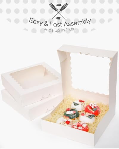 qiqee 10"x 10"x 2.5" White Pie Boxes with Window 120Packs Cookie Donut Bakery Box (Auto-pop Up)