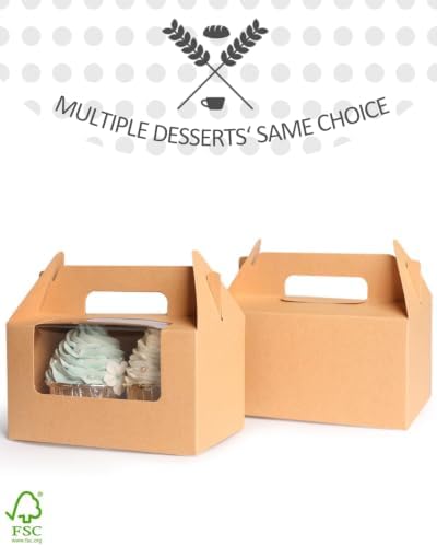 qiqee Cupcake Box Two Holder 6.5x3.6x3.5inch(2.2" Top) 50pcs Brown 2 Cupcake Boxes With Window