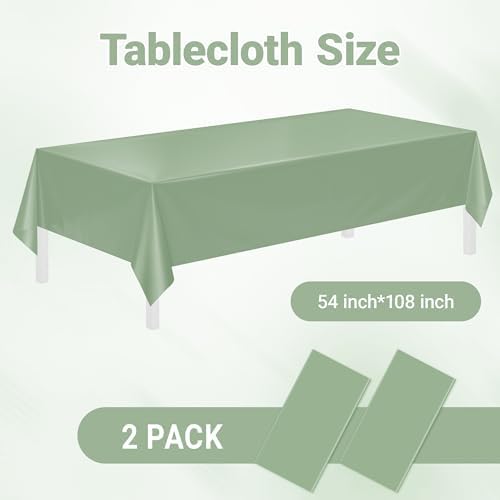 Childom 2 Pack Sage Green Tablecloths,54"x108" Plastic Table Cloth Disposable for Rectangle Tables,Sage Green Table Cover for Dinner Outdoor Picnic Birthday Bridal Wedding Baby Shower Party Decoration