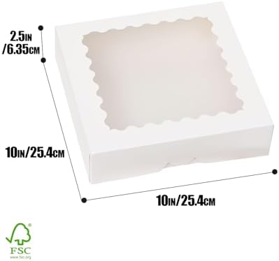 qiqee 10"x 10"x 2.5" White Pie Boxes with Window 50Packs Cookie Donut Bakery Box (Auto-pop Up)