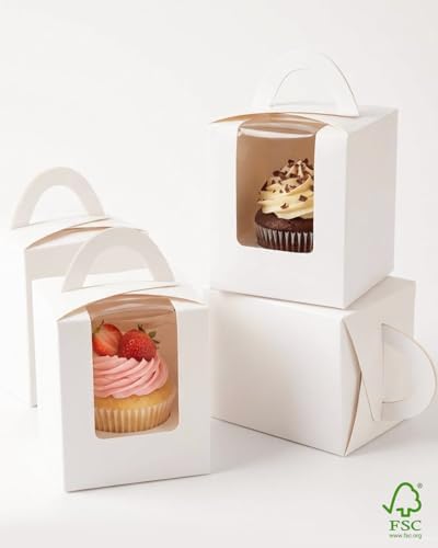 qiqee 100Pcs Auto Pop-up Cupcake Boxes Individual Cupcake Holders Disposable White Single Cupcake Boxes with Window 3.7"x3.7"x4.5" Cupcake Containers